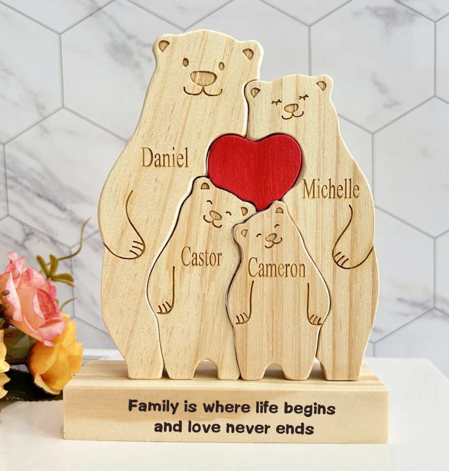 Personalized Family Decor Puzzle-Custom Wooden Bear Family Puzzle-Cute Family Wooden Carved Puzzle-Family Keepsake Gift- Grandparents Gift