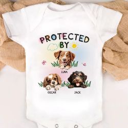 Custom Baby Onesies - Protected By - Up to 3 Dogs - Personalized Onesie